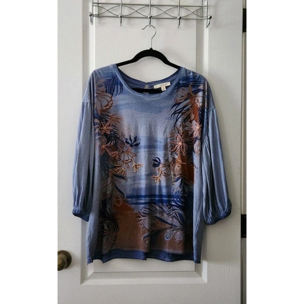 Women's Floral Blouse Round Neck 3/4 Sleeve Embellished 100% Cotton Blue Size S